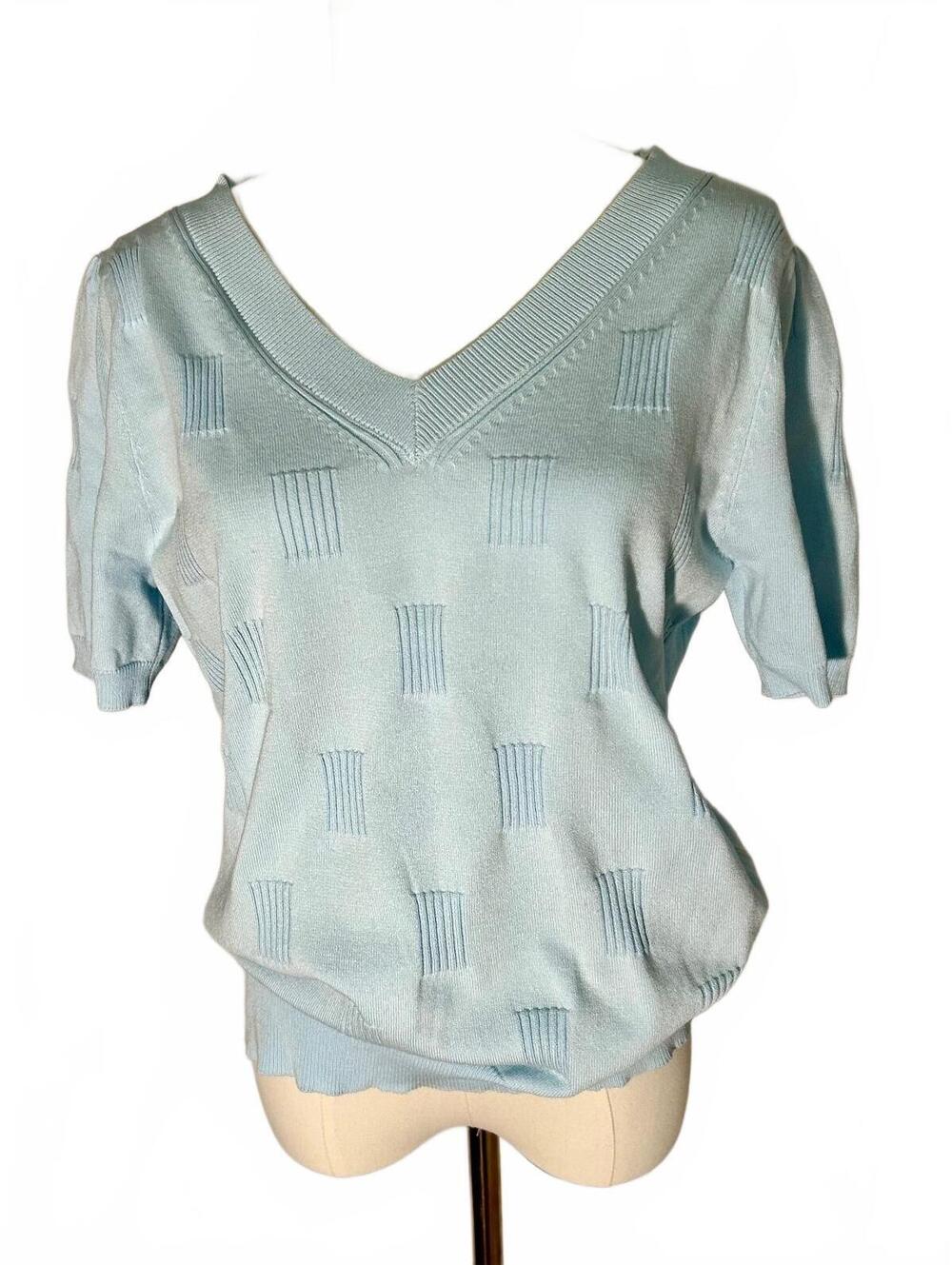 ARACH&GLOZ Women’s Blue V-Neck Knit Top M Y2K Minimalist Short Sleeve Sweater